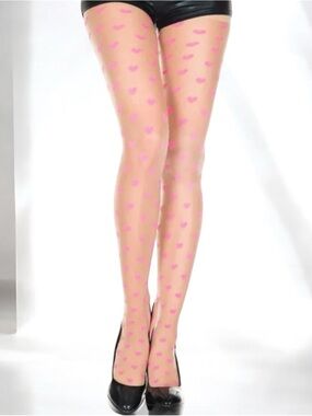 Sheer Pink Heart Print Pantyhose